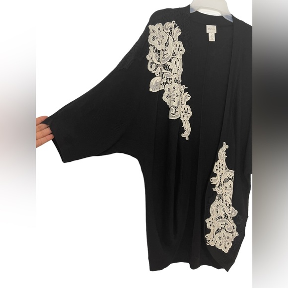 Chico’s Lace Crochet Detailed 3/4 Sleeves Knitted Open Front Cardigan Size L - Picture 6 of 13